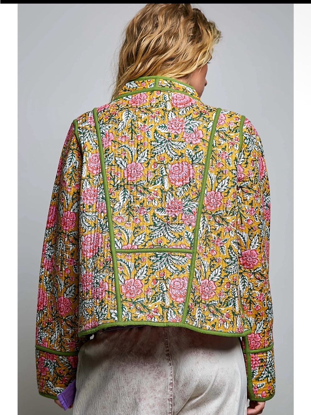 POL yellow floral cotton kantha quilted boho western embroidered jacket coat - Picture 4 of 4